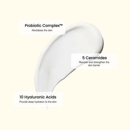 Biodance Skin Glow Essence Cream showcasing probiotic complex, ceramides, and hyaluronic acids for skin hydration.