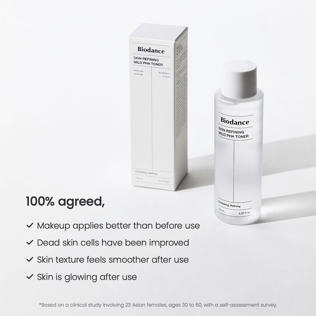 Biodance Skin Refining Mild PHA Toner in a clear bottle with benefits listed on a white background.