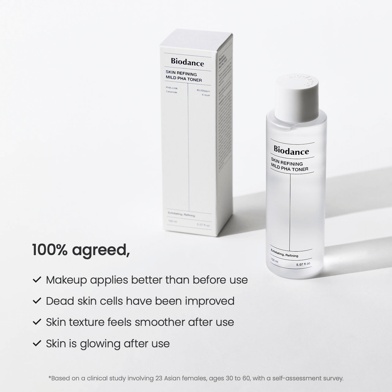 Biodance Skin Refining Mild PHA Toner in a clear bottle with benefits listed on a white background.