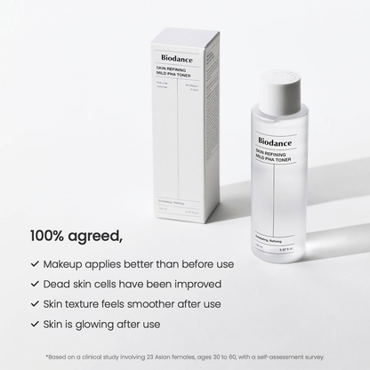 Biodance Skin Refining Mild PHA Toner in a clear bottle with benefits listed on a white background.