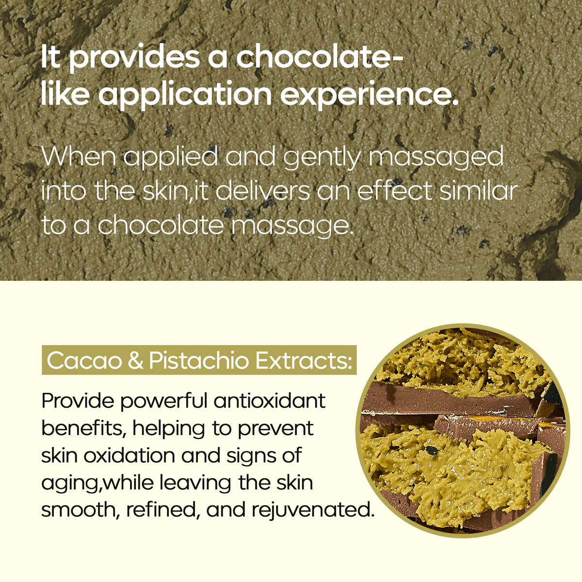Dr Melaxin Dubai Peptide Clay Mask showcases a chocolate-like application experience with cacao and pistachio extracts.