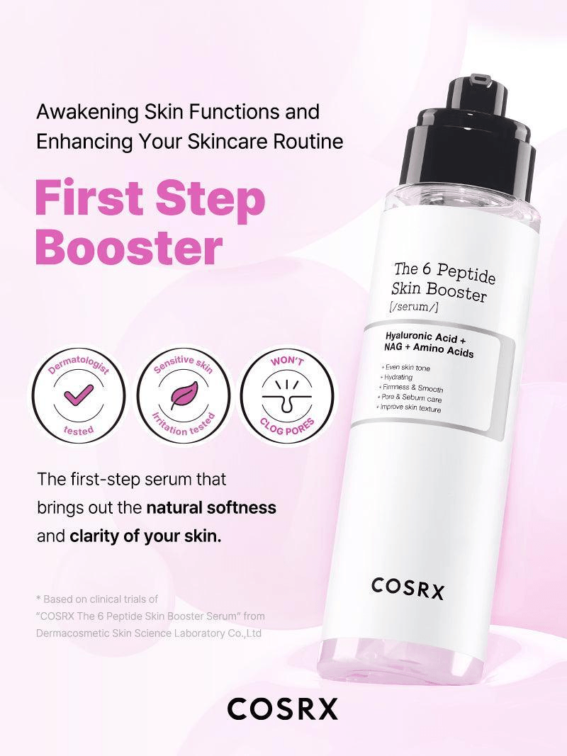 COSRX The 6 Peptide Skin Booster Serum packaging highlighting its benefits and usage in skincare routines.