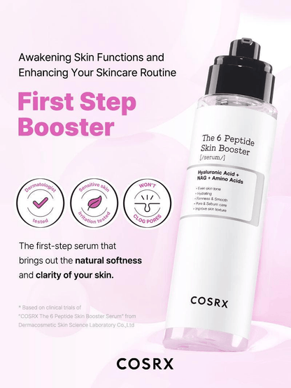 COSRX The 6 Peptide Skin Booster Serum packaging highlighting its benefits and usage in skincare routines.