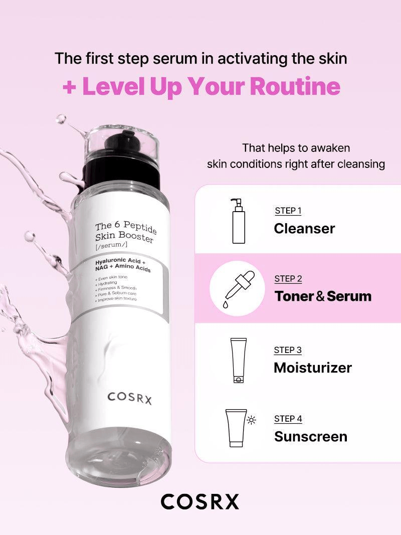 COSRX The 6 Peptide Skin Booster Serum with instructions for skincare routine steps.