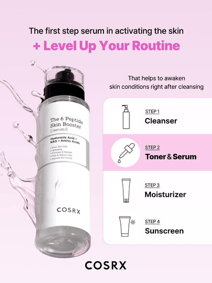 COSRX The 6 Peptide Skin Booster Serum with instructions for skincare routine steps.