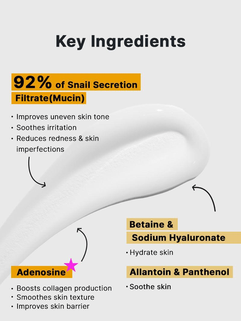 Key ingredients of COSRX Advanced Snail 92 All in One Cream showcasing 92% snail mucin for skin benefits.