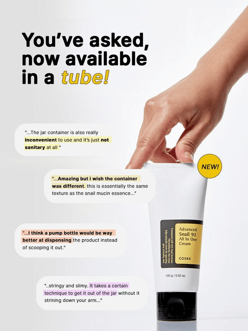 COSRX Advanced Snail 92 All in One Cream now available in a tube for better convenience and sanitation.