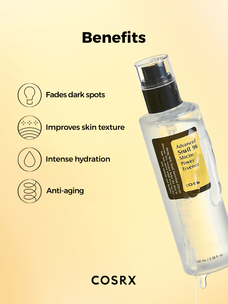 COSRX Advanced Snail 96 Mucin Power Essence bottle showcasing benefits like hydration and improved skin texture.