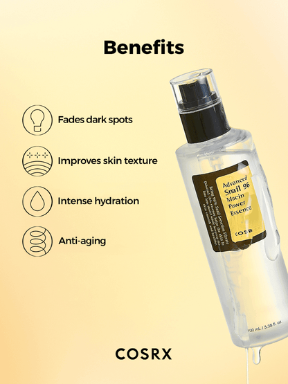 COSRX Advanced Snail 96 Mucin Power Essence bottle showcasing benefits like hydration and improved skin texture.