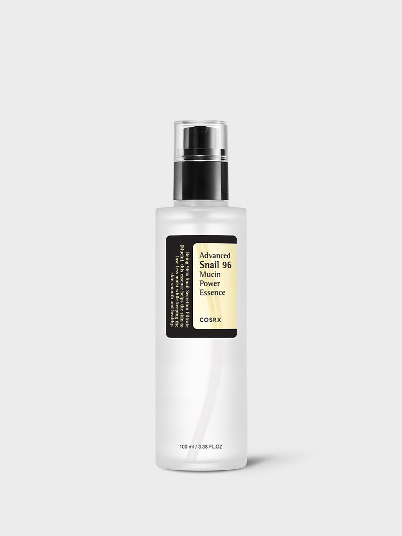 COSRX Advanced Snail 96 Mucin Power Essence bottle for Korean skincare, promoting hydration and glass skin glow.