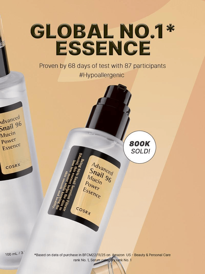 COSRX Advanced Snail 96 Mucin Power Essence displayed with a global no.1 ranking and 800K sold.