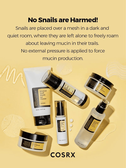 COSRX Advanced Snail 96 Mucin Power Essence and other products on a yellow background for Korean skincare.