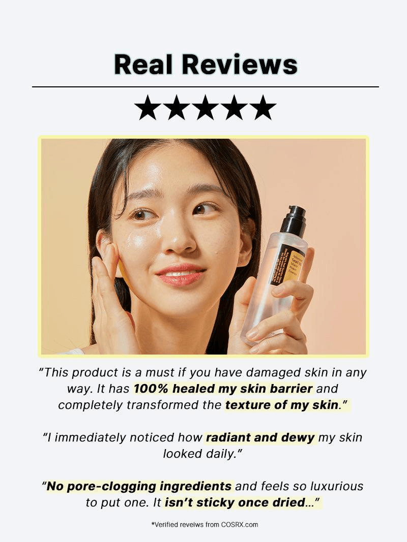 A woman showcasing glowing skin while holding COSRX Advanced Snail 96 Mucin Power Essence, celebrating K-beauty.