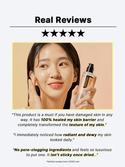 A woman showcasing glowing skin while holding COSRX Advanced Snail 96 Mucin Power Essence, celebrating K-beauty.