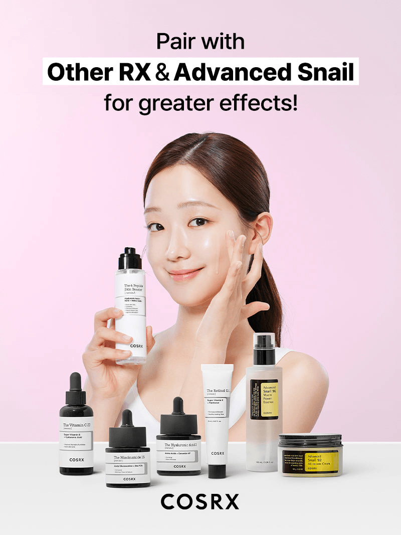 COSRX The 6 Peptide Skin Booster Serum with other RX and Advanced Snail for enhanced skincare benefits.