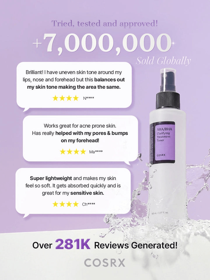 COSRX AHA/BHA Clarifying Treatment Toner with positive reviews and sales stats, highlighting benefits for clear skin.