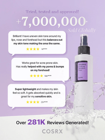 COSRX AHA/BHA Clarifying Treatment Toner with positive reviews and sales stats, highlighting benefits for clear skin.