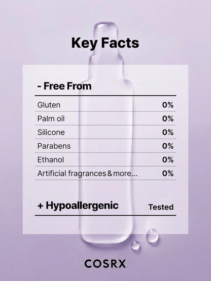 Key facts of COSRX AHA/BHA Clarifying Treatment Toner highlighting hypoallergenic and free from common allergens