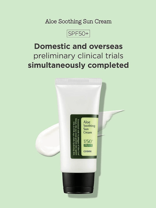 COSRX Aloe Soothing Sun Cream SPF50 on a green background, highlighting its lightweight, moisturizing properties.