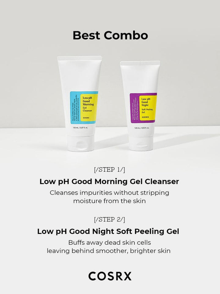 COSRX Low pH Good Morning Gel Cleanser and Low pH Good Night Soft Peeling Gel combo for effective skincare.