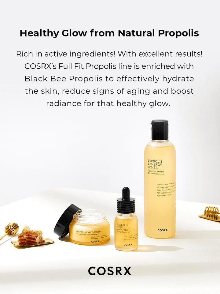 COSRX Full Fit Propolis Light Ampoule with Black Bee Propolis for glowing, hydrated skin and reduced aging signs in Korean skincare.