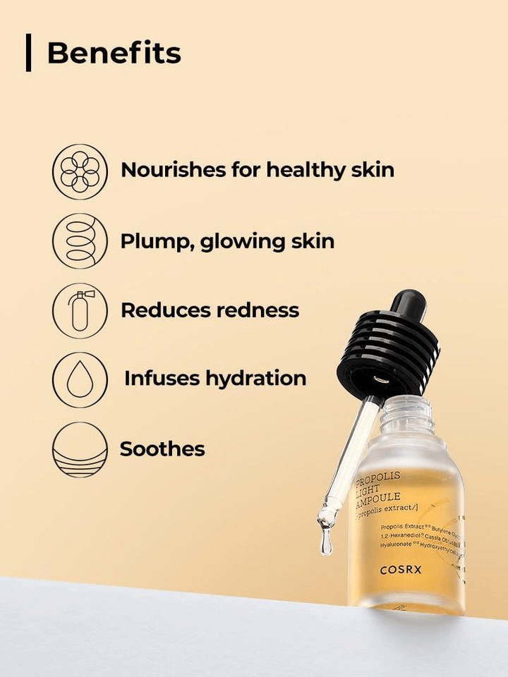 COSRX Full Fit Propolis Light Ampoule benefits: nourishes, plump skin, reduces redness, hydrates, soothes. Korean skincare essential.