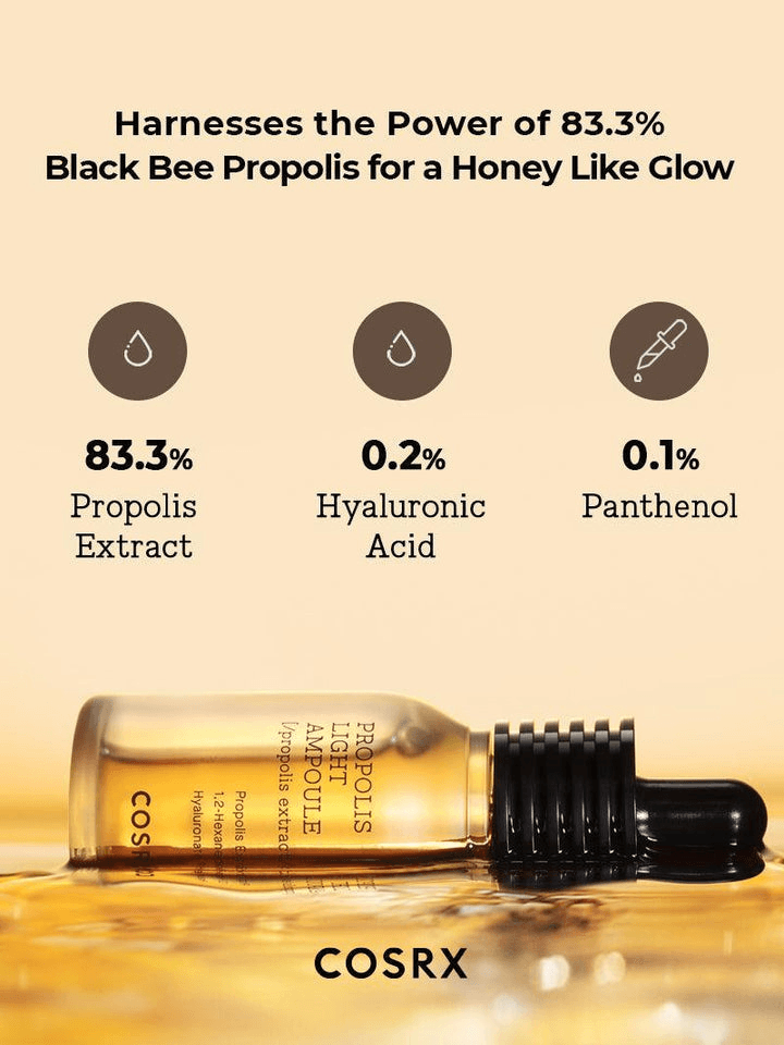 COSRX Full Fit Propolis Light Ampoule with 83.3% Black Bee Propolis for a honey-like glow and healthy skin.