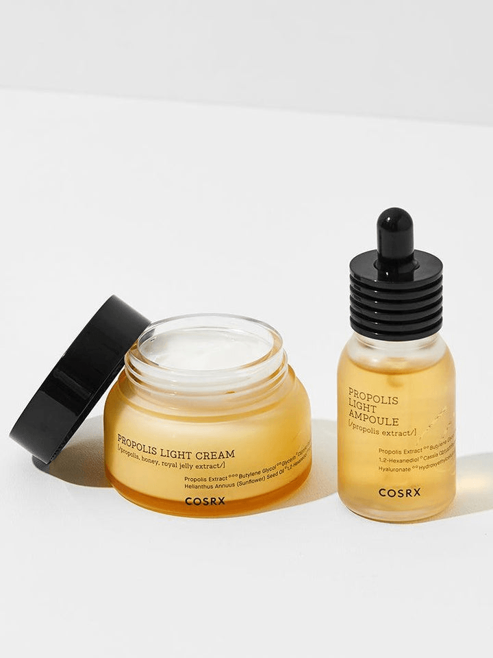 COSRX Full Fit Propolis Light Ampoule and Propolis Light Cream for Korean skincare glow and nourishment.