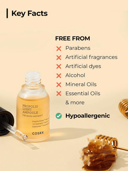 Key facts about COSRX Full Fit Propolis Light Ampoule, highlighting its hypoallergenic and free-from benefits.