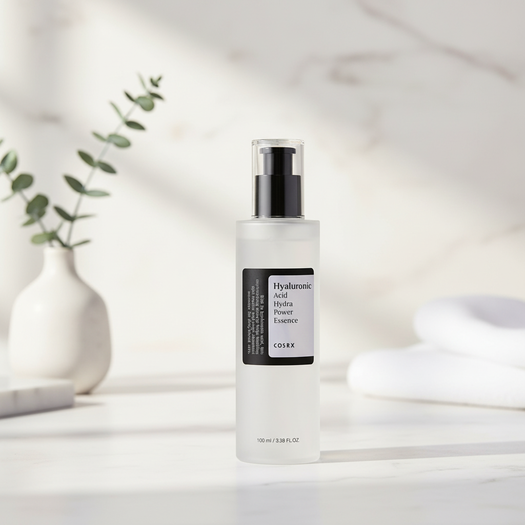 COSRX Hyaluronic Acid Hydra Power Essence bottle on a marble background with plants and towels.