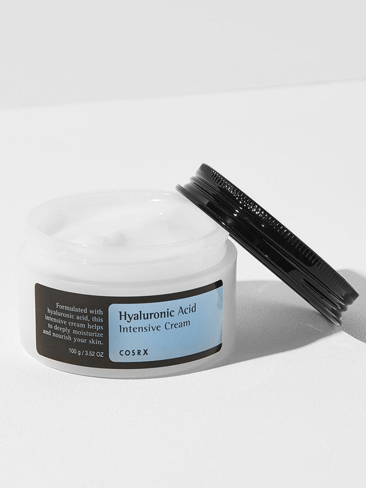 COSRX Hyaluronic Acid Intensive Cream in a jar, a Korean skincare nourishing moisturizer for deeply hydrated skin.