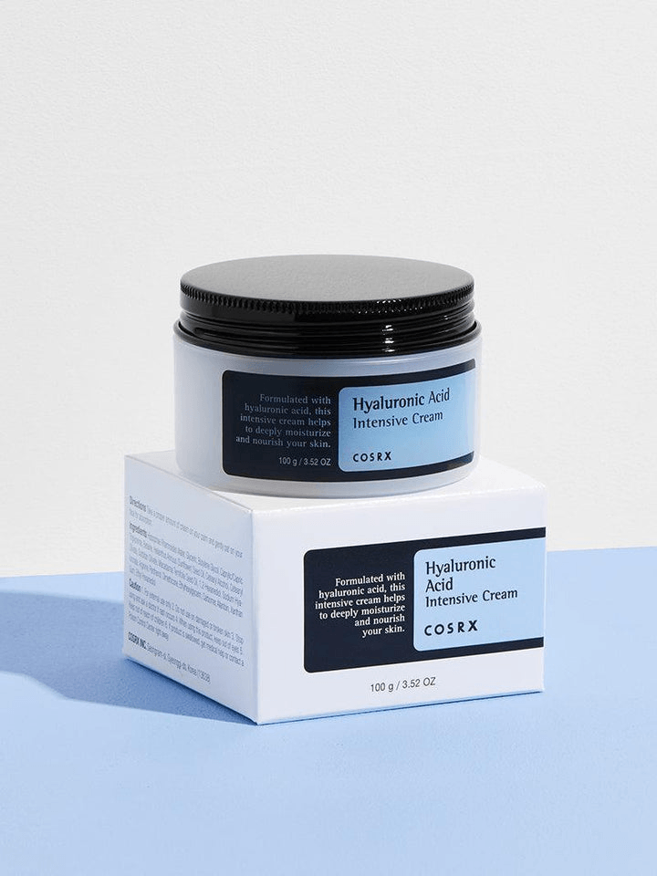 COSRX Hyaluronic Acid Intensive Cream in a jar with box, showcasing Korean skincare benefits for hydration.