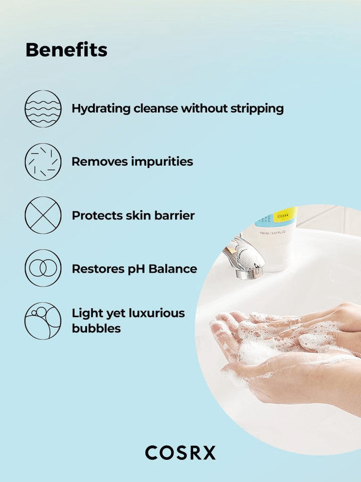 Benefits of COSRX Low pH Good Morning Gel Cleanser: hydrating cleanse, removes impurities, protects skin barrier, restores pH balance.