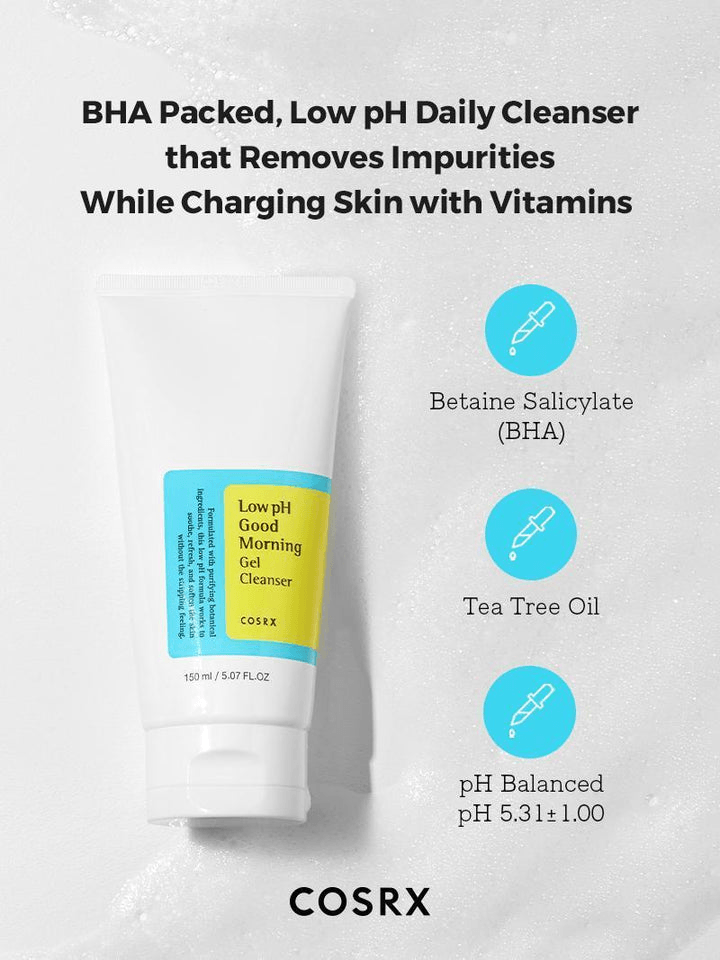 COSRX Low pH Good Morning Gel Cleanser tube featuring ingredients like BHA and tea tree oil.