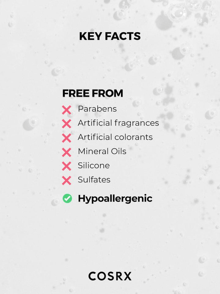 Key facts about COSRX Low pH Good Morning Gel Cleanser showing ingredients it is free from and hypoallergenic status.