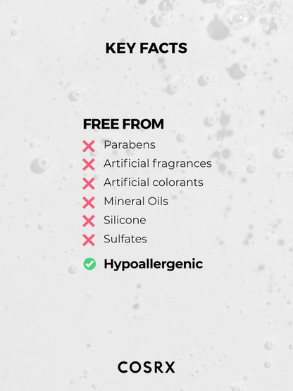 Key facts about COSRX Low pH Good Morning Gel Cleanser showing ingredients it is free from and hypoallergenic status.