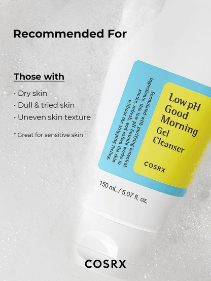 COSRX Low pH Good Morning Gel Cleanser recommended for dry, dull, and uneven skin texture, ideal for sensitive skin.