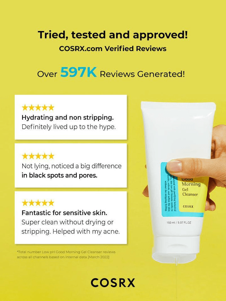 COSRX Low pH Good Morning Gel Cleanser reviews showcasing positive customer feedback and ratings.