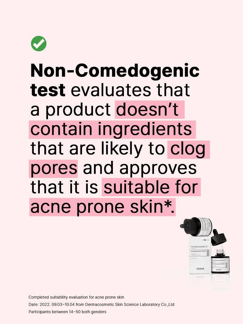 Non-comedogenic test information for COSRX The Niacinamide 15 Serum, confirming suitability for acne-prone skin.