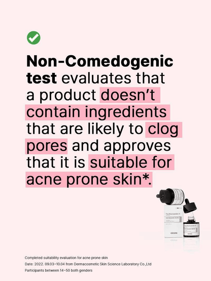 Non-comedogenic test information for COSRX The Niacinamide 15 Serum, confirming suitability for acne-prone skin.