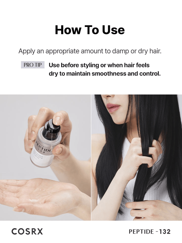 How to use COSRX PEPTIDE-132 Ultra Perfect Hair Bonding Oil Serum for smooth, frizz-free hair styling.