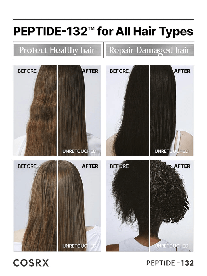 Before and after results using COSRX PEPTIDE-132 Ultra Perfect Hair Bonding Oil Serum for healthy, frizz-free hair.