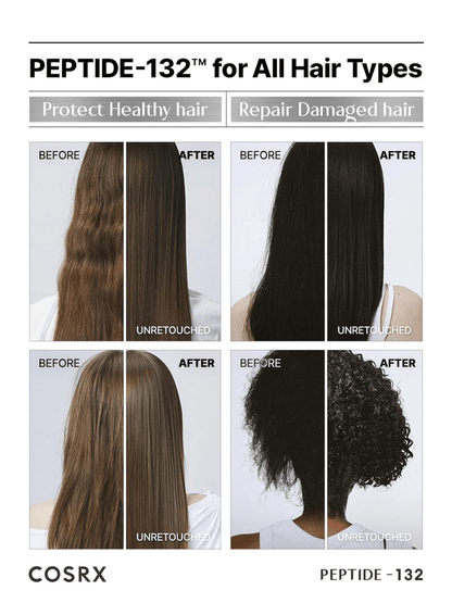 Before and after results using COSRX PEPTIDE-132 Ultra Perfect Hair Bonding Oil Serum for healthy, frizz-free hair.