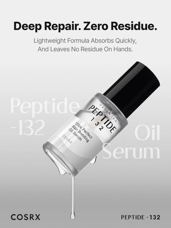 COSRX PEPTIDE-132 Ultra Perfect Hair Bonding Oil Serum bottle with lightweight formula for frizz-free hair.