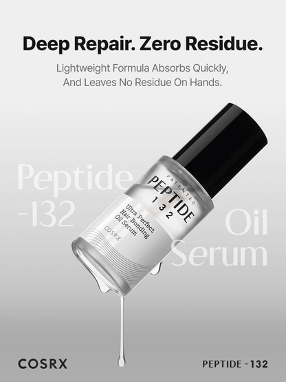 COSRX PEPTIDE-132 Ultra Perfect Hair Bonding Oil Serum bottle with lightweight formula for frizz-free hair.