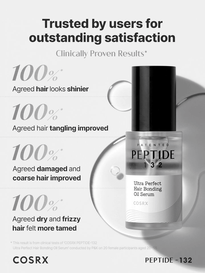 COSRX PEPTIDE-132 Ultra Perfect Hair Bonding Oil Serum with 100% user satisfaction for shiny, tangle-free hair.