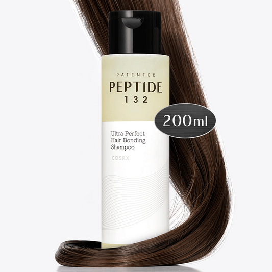 COSRX PEPTIDE-132 Ultra Perfect Hair Bonding Shampoo in a 200ml bottle with healthy hair strands