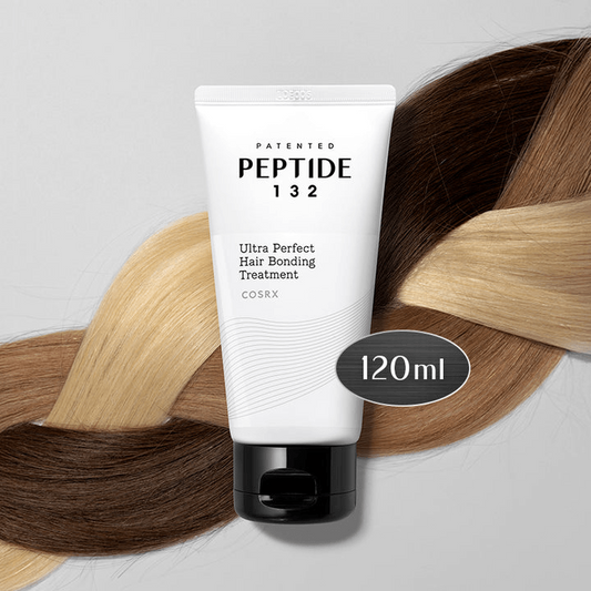 COSRX PEPTIDE-132 Ultra Perfect Hair Bonding Treatment tube on hair strands, 120ml size