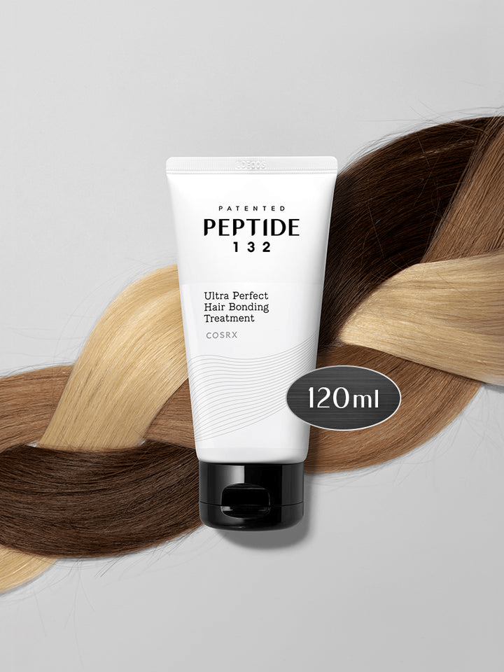 COSRX PEPTIDE-132 Ultra Perfect Hair Bonding Treatment 120ml tube against a background of various hair colors.