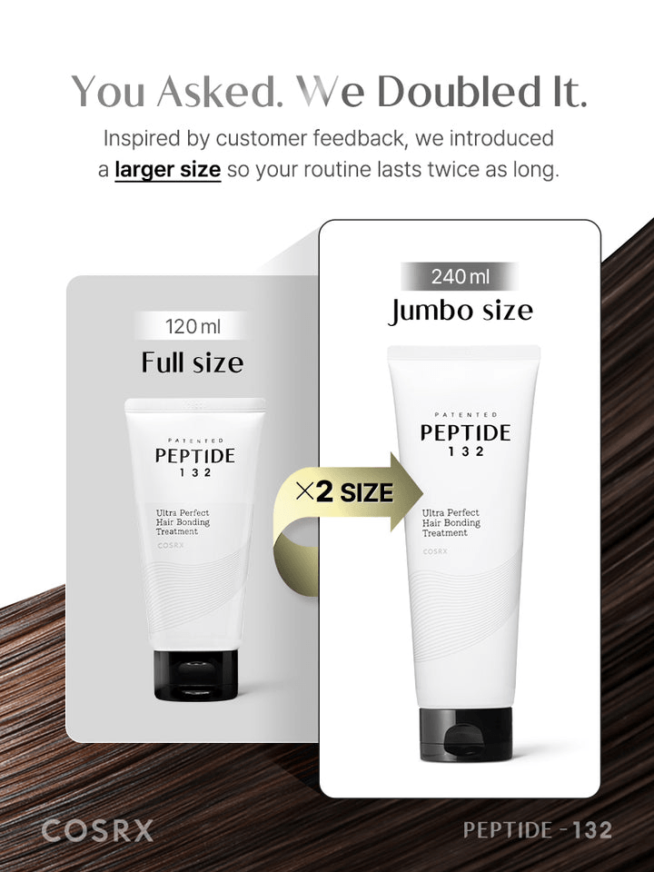 COSRX PEPTIDE-132 Ultra Perfect Hair Bonding Treatment in full and jumbo sizes, showcasing double the product for longer-lasting care.